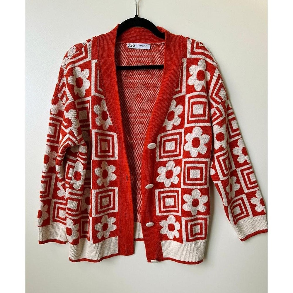 ZARA Retro Floral Geometric Jacquard Cardigan Sweater Orange Ivory Medium
